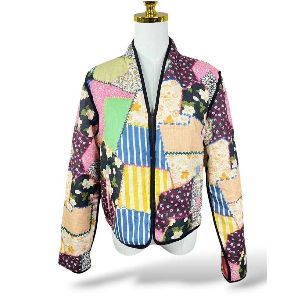 Anthropologie Patchwork Quilted Jacket Small Floral Stripe Boho Cottagecore